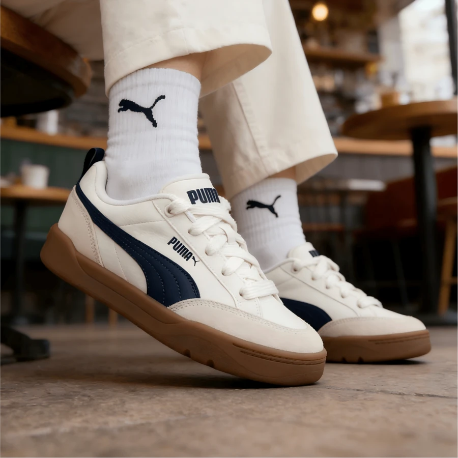 Puma 休闲鞋，低帮运动鞋，轻便耐用，男女通用，拼接皮革鞋面，耐磨复古街头校园运动休闲鞋，蓝色 - 白色-海軍藍-樹膠色 - 查看 1