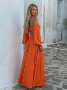Vestido naranja elegante de hombros descubiertos para mujer, diseño de cintura hueca y abertura alta, adecuado para la playa, vacaciones y viajes en primavera y verano - Naranja - Ver 3