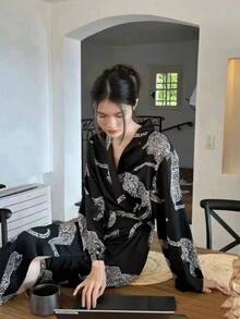 Áo ngủ dài tay họa tiết da báo, áo ngủ/áo choàng dài ngang gối cho nữ mùa xuân thu hè, có thể mặc ngoài, áo choàng tắm nữ, áo choàng tắm dài tay. - Nhiều màu - Xem 4