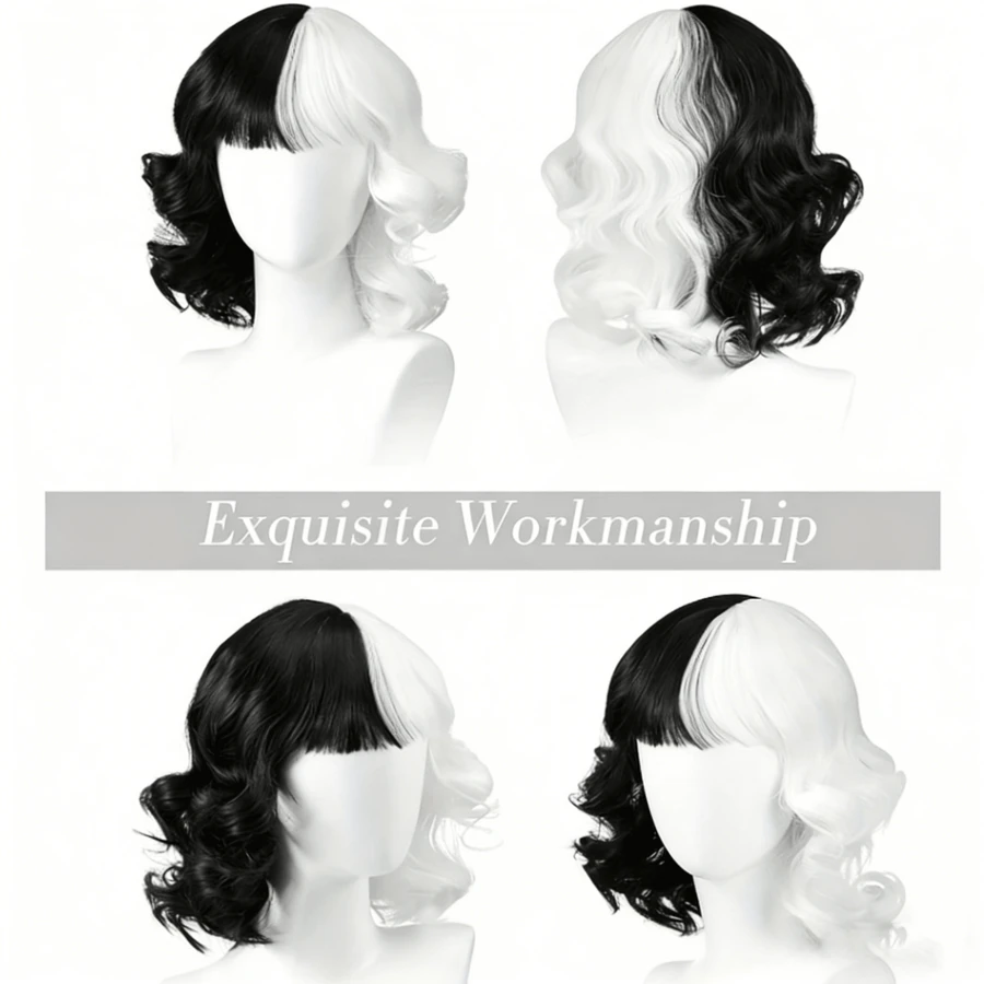 Half Black White Wig With Bangs Women Girls Short Curly Wavy Wig Black And White Hair Wigs Halloween Cosplay Costume Party Wig