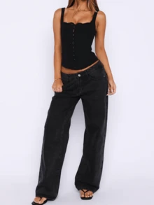Women's Y2K Layered Lace Trim Boned Corset Top Wide Strap Side Zipper Sleeveless Overbust Going Out Camisole - 黑色 - 查看 6