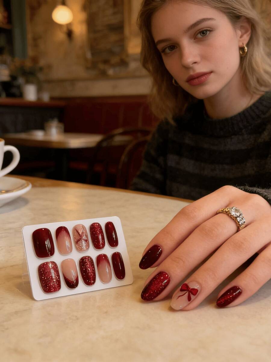 2 Hands Complete Manicure Set Featuring Deep Red Magnetic Cat Eye Nail Strips With Delicate Bow Accents – Easy Apply & Detachable Faux Nails For Daily Wear, Prom, Cocktail Parties, Anniversary Celebrations, And Festive Gatherings – Versatile European Style Press-On Nails Ideal As A Valentine's Day Gift For Her, Students, Or Working Professionals - Nhiều màu - Xem 1