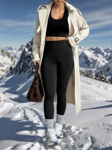 Pantaloni pentru femei cu căptușeală din fleece, buzunare laterale, colanți termici călduroși, moi și confortabili, potriviți pentru exterior - Negru - Vizualizare 1