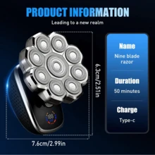 7-Blade/9-Blade Men's Electric Shaver, Bald Head, Hair Clipper, 5-In-1 Floating Shaving, Type-C Charging Port, LED Display, With Nose Hair Trimmer And Face Brush,400mAh Battery - 9D+5合1套裝 - 查看 7