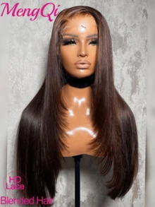 200% Density 13x4 Pre-Plucked HD Lace Wig Human Blended Hair Wigs Can Be Free Styling Chocolate Brown Straight Brazilian Virgin Hair Wig Pre-Bleached Knots Suitable For To Wear 8-34 Inchs - Brown - View 2