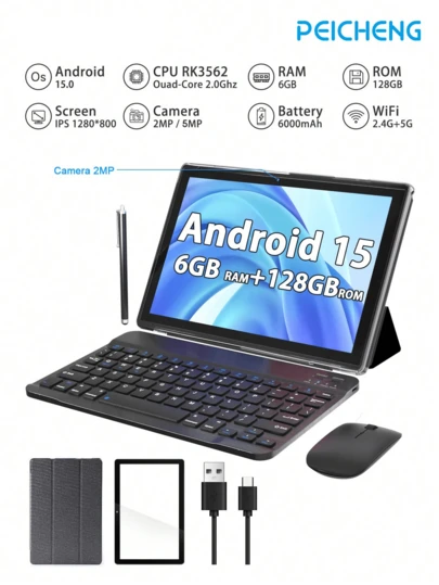 PEICHENG YQ10S Max 二合一平板电脑，10 英寸安卓 15 平板电脑，RK3562 四核 2.0GHz 处理器/6GB 内存 + 128GB 存储/2MP + 5MP 双摄像头/1280x800 IPS 触摸屏/2.4+5G WiFi/6000mAh 电池/认证平板电脑，含键盘/鼠标/手写笔/保护套（不含适配器）