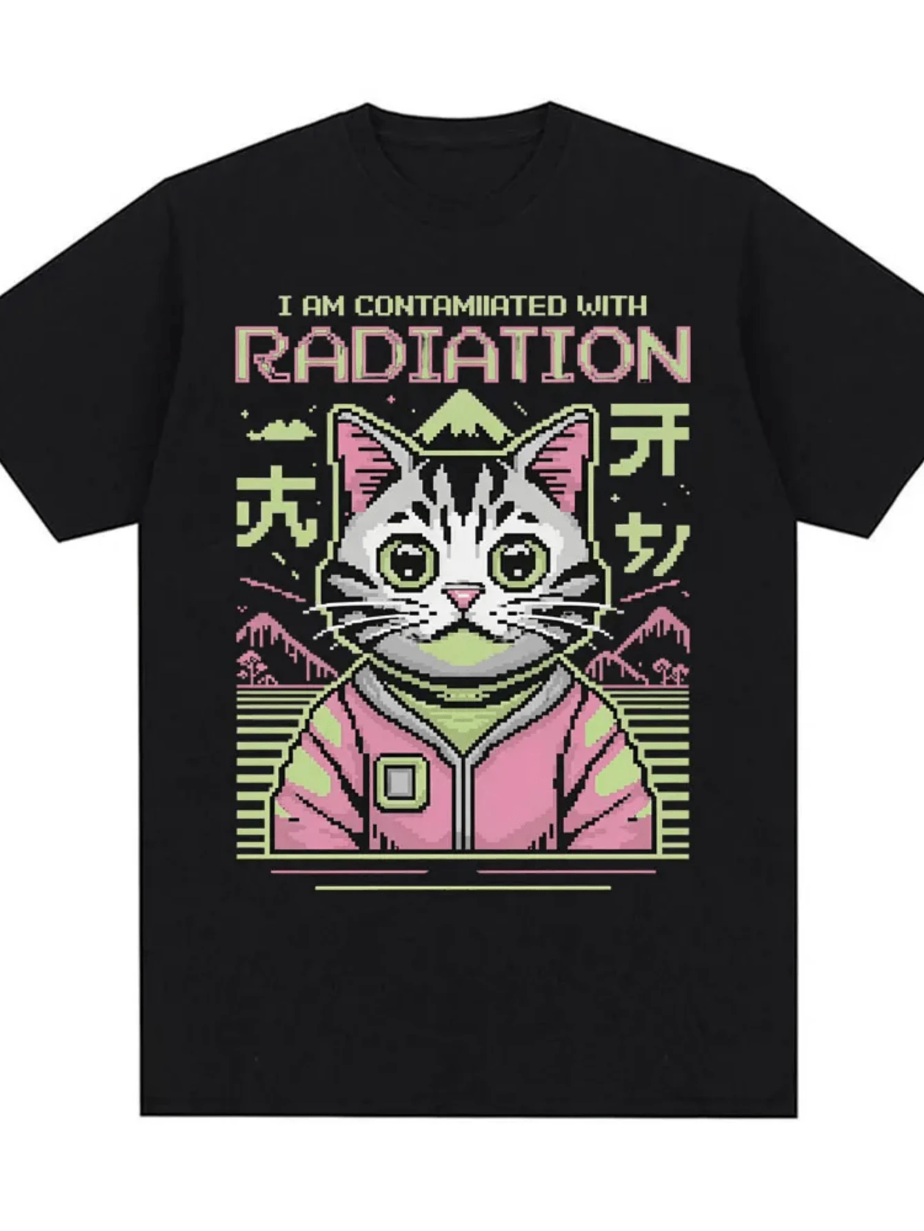 Contaminated With Radiation Cat Meme Fun T-Shirt Men's And Women's Retro Summer Pure Cotton 100% Printed T-Shirt - 黑色8 - 查看 1