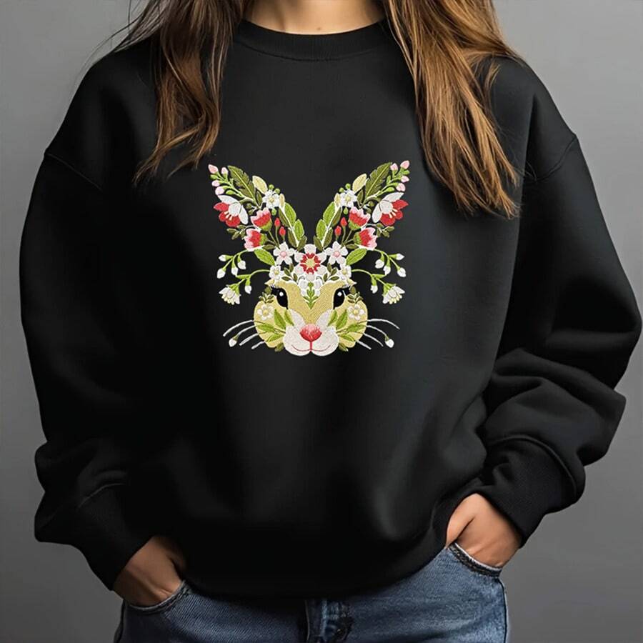 1 pieza Parche bordado de conejo con flores medianas, bordado hueco, parche de conejo pastoril, para planchar, adecuado para sudaderas, chaquetas, bolsos, decoración del hogar - Multicolor - Ver 1