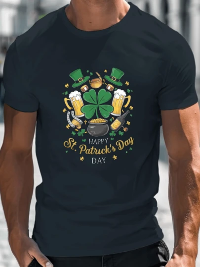 Men's Summer Casual 180g Pure Cotton T-Shirt Men`S St. Patrick` Day Graphic T-Shirt - Black Crew Neck Short Sleeve, Lightweight Summer Tee With Leprechaun Hat & Shamrock Design, Casual Comfort Fit For Adults Patterned Printed Short Sleeved Top T-Shirt