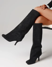 Women's Knee High Boots Wide Calf Square Toe Stiletto Heels Tall Boots Pull On Kitten High Heel Long Fashion Casual Cute Y2K Booties - 黑色 - 查看 4