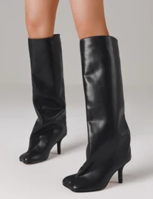 Women's Knee High Boots Wide Calf Square Toe Stiletto Heels Tall Boots Pull On Kitten High Heel Long Fashion Casual Cute Y2K Booties - 黑色a - 查看 7