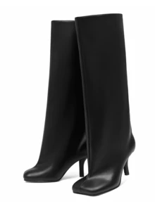 Women's Knee High Boots Wide Calf Square Toe Stiletto Heels Tall Boots Pull On Kitten High Heel Long Fashion Casual Cute Y2K Booties - 黑色a - 查看 4