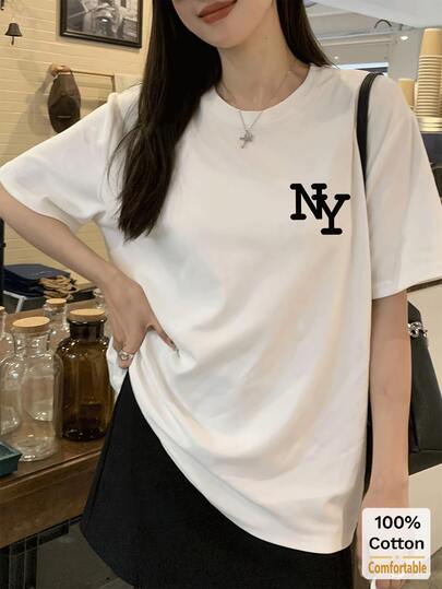 Cotton Letter Graphic Short Sleeve Mid-Length T-Shirt, Fashionable Casual Top For Women