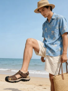 1双男士纯色绑带户外休闲凉鞋，沙滩鞋，防滑软底，适合所有季节 - 咖啡棕 - 查看 11