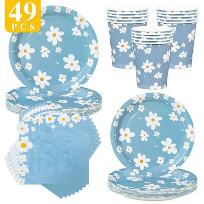 Blue Floral Disposable Plates, Napkins, Cups - One-Time Party Supplies Set, Suitable For 8 Guests, Disposable Paper Plates Party Tableware For Birthday, Wedding, Theme Party, Family Picnic
