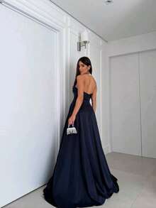 Long Strapless Dress For Graduation, Party, Wedding, Evening - Navy Blue - View 2