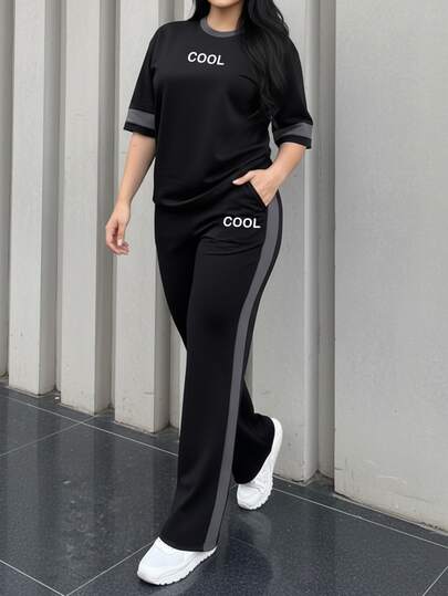 Women's New Round Neck Short Sleeve T-Shirt And Elastic Waist Loose Pants 2 Pieces Set, Suitable For Spring, Summer And Autumn Vacation