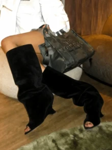 Women's Knee High Boots Peep Toe Slouchy Wedges High Heels PullOn Party Dress Fall Winter Suede Long Boots For Woman Party Shoes - màu đen - Xem 4