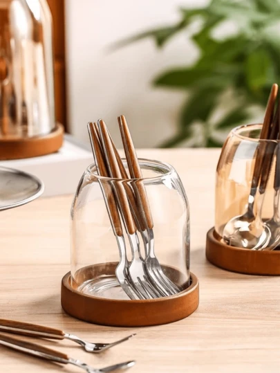 复古不锈钢水果叉勺套装，带储物罐，24 件套甜点签，筷子架，适用于餐桌、厨房和家庭使用