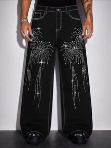 1Pc New American-Style Fashionable Firework Rhinestone Baggy Wide-Leg Black Jeans, Japanese Korean Fashion Firework Rhinestone Wide-Leg Jeans ( Not Include Belt And Accessories) - Black - View 1