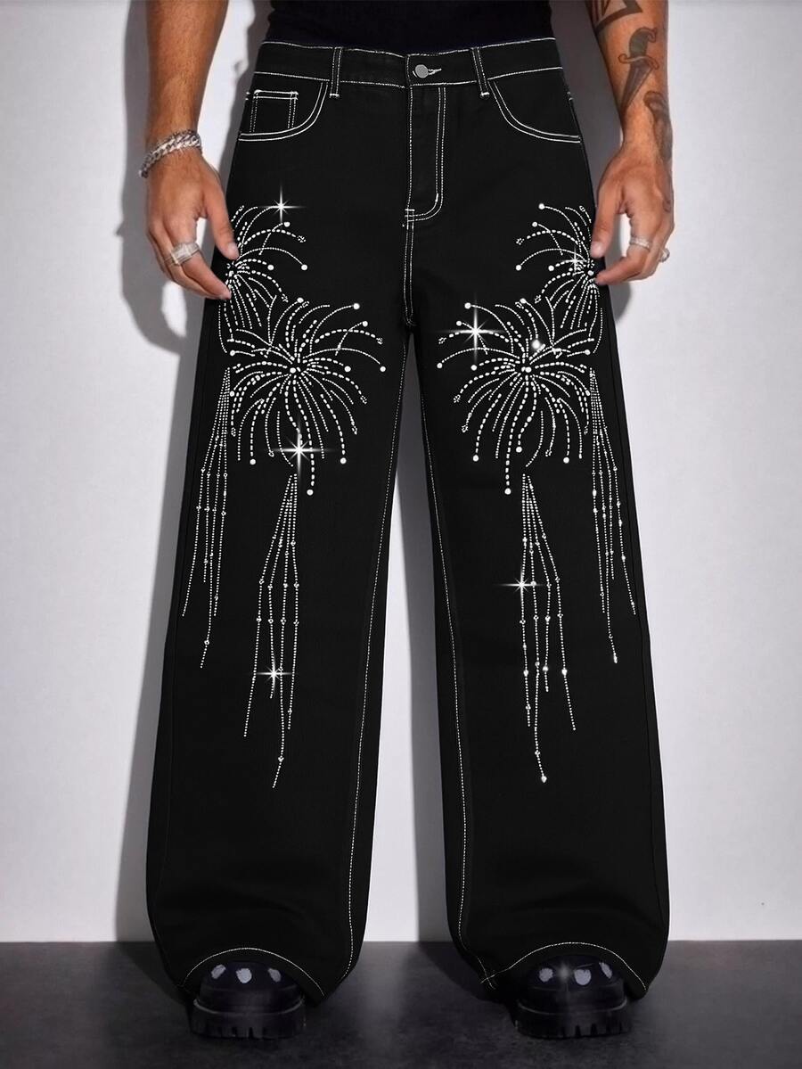 1Pc New American-Style Fashionable Firework Rhinestone Baggy Wide-Leg Black Jeans, Japanese Korean Fashion Firework Rhinestone Wide-Leg Jeans ( Not Include Belt And Accessories) - Black - View 1