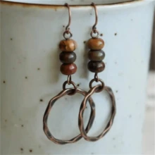 1 Pair Retro Beaded Hoop Drop Earrings, Fashion Jewelry Gift For Women Wedding Party - Bronze - View 1