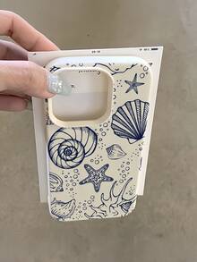 1pc White Retro Blue Line Starfish Shell Minimalist Full Coverage TPU Shockproof Phone Case Compatible With Apple 17, 16, 15, 14, 13, 12, 11 Pro Max, Air, Series - Multicolor - View 1