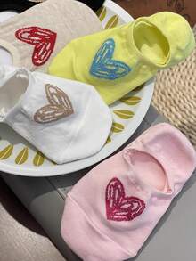 5双装彩色爱心图案时尚女士船袜，防滑舒适，适合春夏穿着，休闲通勤皆宜。 - 彩色 - 查看 3