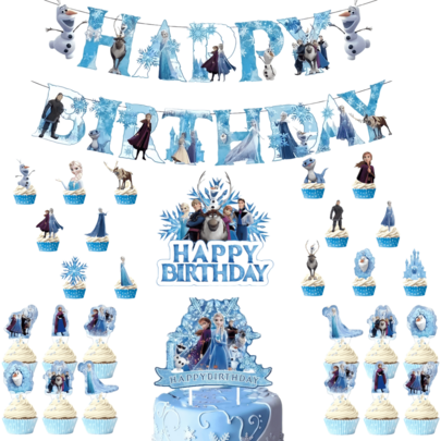 冰雪公主主题生日派对拉旗蛋糕装饰，派对装饰蛋糕DIY装饰