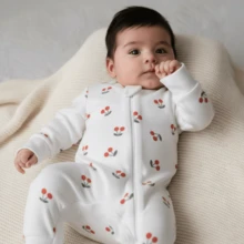 Long Printed Baby Jumpsuit, Soft, Hypoallergenic, Front Zipper, Soft, Warm, Comfortable Winter Pajama Jumpsuit For Girls - 紅白色 - 查看 1