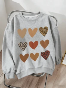 Tween Girl Leopard Heart Pattern Pullover Sweatshirt, Spring And Autumn Long Sleeve Knit Girls Sweatshirt, Tween Girl Clothing - Grey - View 10