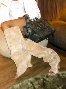 Women's Knee High Boots Peep Toe Slouchy Wedges High Heels PullOn Party Dress Fall Winter Suede Long Boots For Woman Party Shoes - 杏色A - 查看 3