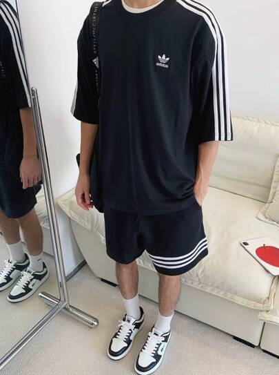  Adidas Originals Adicolor Series ADICOLOR OVERSIZED TEE, Retro American Style Casual Outfit, Cotton, Loose Fit, Striped Round Neck Short Sleeve T-Shirt, Men