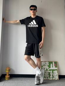 Adidas 阿迪达斯 ESSENTIALS 复古美式风格印花舒适休闲运动简约日常百搭短袖T恤，黑色 - 黑色 - 查看 8