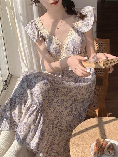 Áo choàng/váy ngủ mùa hè họa tiết hoa cho nữ, váy ngủ họa tiết hoa kiểu Pháp cổ điển ngọt ngào có đệm ngực, áo ngủ hai dây ren mùa hè cho nữ, thích hợp mặc ở nhà/đi nghỉ mát, đồ cần thiết cho mùa tựu trường.