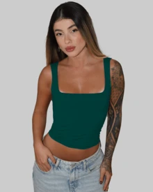 Versatile Polyamide Tank Top With Double-Layered Square Collar And Simple Lining, Perfect For Casual Summer Wear. - Dark Green - View 1