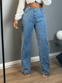 Women's Pearl Jeans, Distressed Denim Pants, High Waisted Straight Leg Pants - Medium Wash - View 7