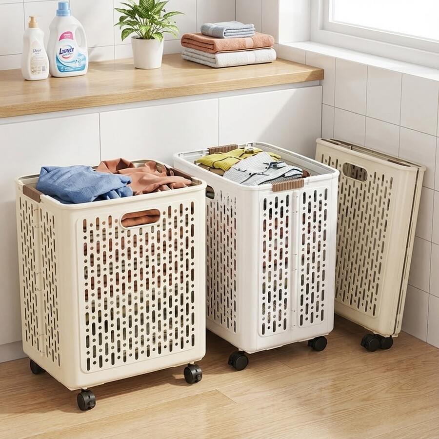 1pc Large Capacity Foldable Solid Color Design Laundry Basket With Wheels - Multifunctional For Storage Of Miscellaneous Items, Toys, Clothes - Space Saving For Bathroom, Laundry Room, Balcony, Bedroom, Home Organization, Storage - Suitable For Eid Al-Fitr, Ramadan