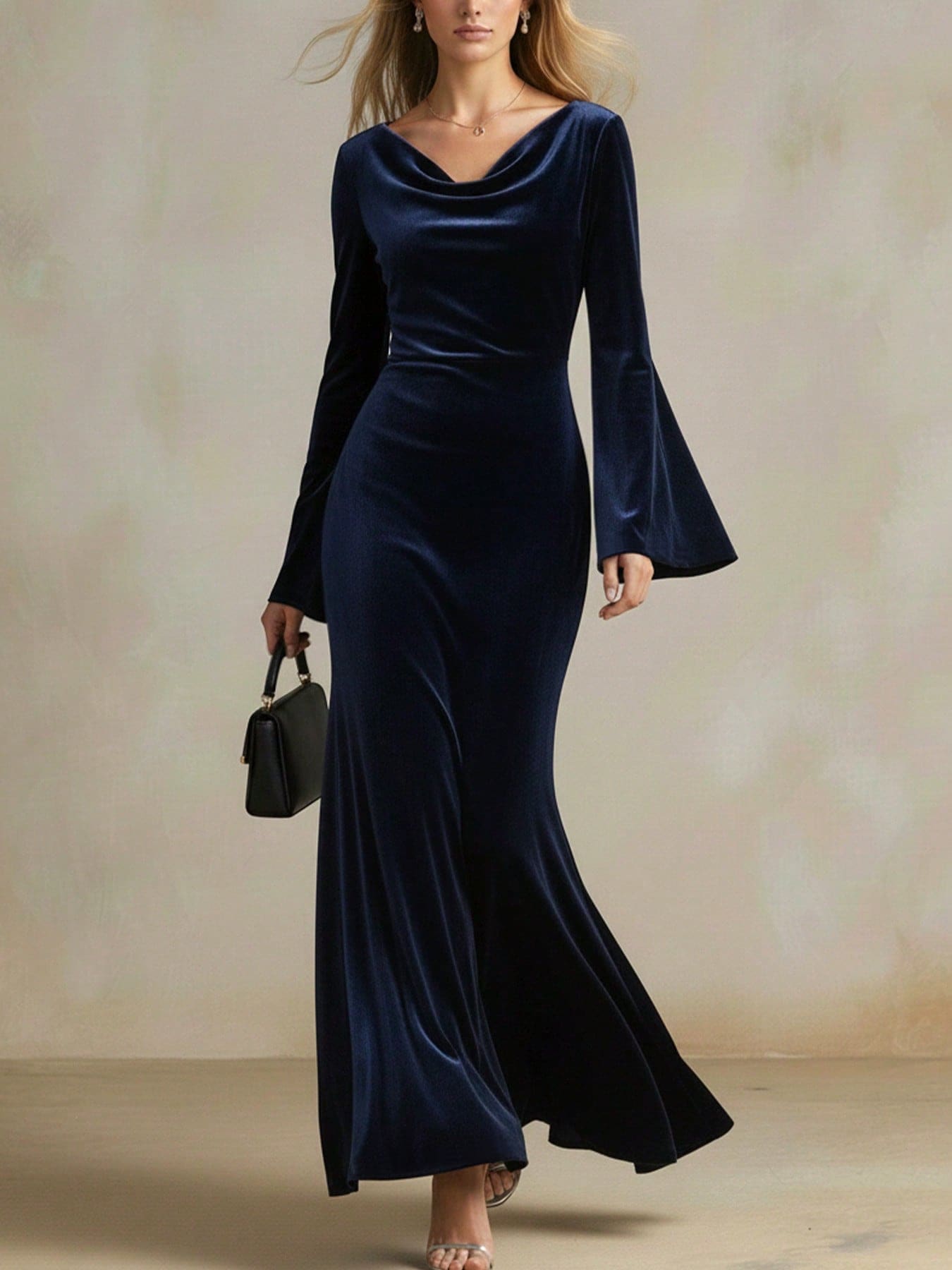 女士复古垂褶领天鹅绒连衣裙，喇叭袖，不对称垂褶下摆，优雅派对礼服，尽显春日迷人风情