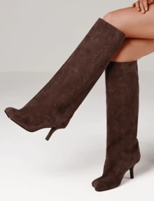 Women's Knee High Boots Wide Calf Square Toe Stiletto Heels Tall Boots Pull On Kitten High Heel Long Fashion Casual Cute Y2K Booties - 巧克力色 - 查看 7