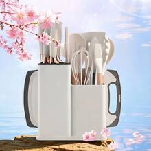 17+2-Piece Silicone Kitchenware Set With Storage Bucket, Cutlery, Knives, Wooden Handles, Daily Kitchenware, Vegetable And Meat Cutting Board Included. - White - View 2