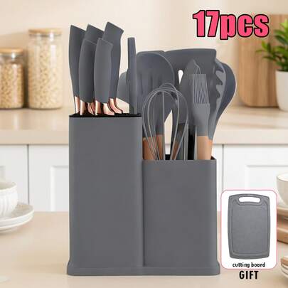 17+2-Piece Silicone Kitchenware Set With Storage Bucket, Cutlery, Knives, Wooden Handles, Daily Kitchenware, Vegetable And Meat Cutting Board Included.
