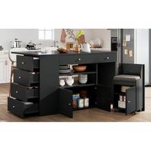 Kitchen Island Table, Side Cabinet With Bar Stool, Kitchen Cabinet With 6 Drawers And Stools, Adjustable Width 140 * 40 (70) * 89 Cm, White And Black - Black - View 7