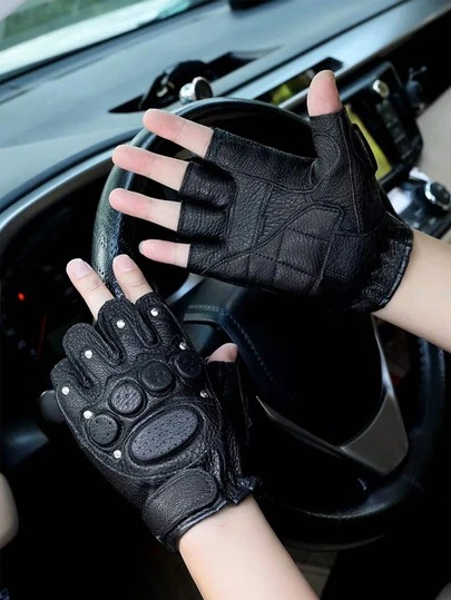 1 Pair Half Finger PU Leather Gloves, Outdoor Motorcycle Riding Gloves, Waterproof Fingerless Gloves For Hiking, Fitness, Breathable Protection