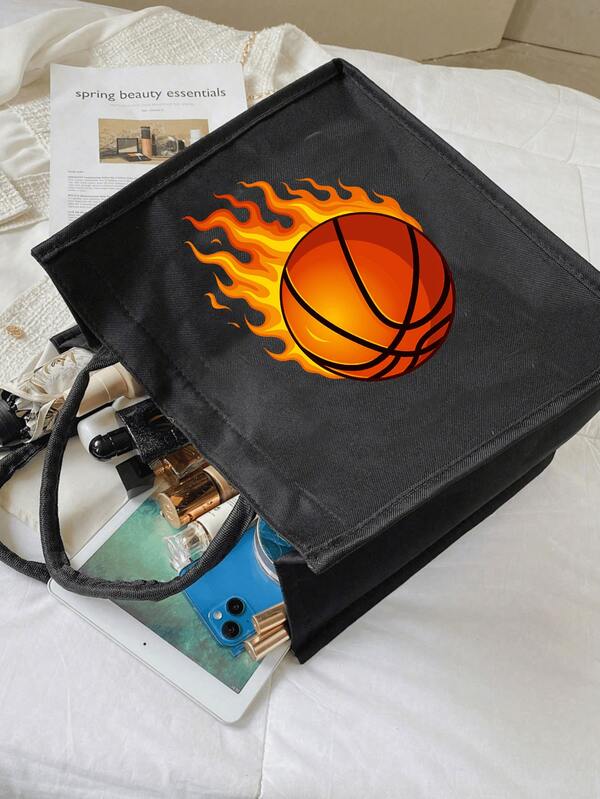 火焰篮球手提包套装，男女通用 - 2 件装黑色帆布购物袋，带化妆包，运动主题单肩包，篮球迷必备，适合日常通勤、健身和购物。