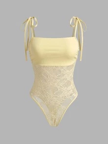 Women's Sexy Casual Yellow Lace Sheer Floral Romantic Sleeveless Tie-Front Bodysuit, Summer - Yellow - View 3