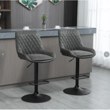 Set Of 2 Height-Adjustable Bar Stools With Backrest, Dark Grey Faux Leather Kitchen Stools For Bar And Kitchen | .De - Grey - View 2