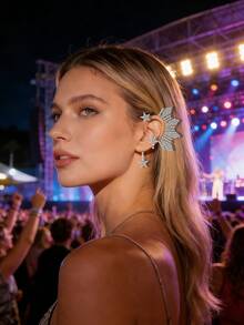 2pcs Silver Sunflower & Star Rhinestone Ear Cuffs, Earlobe Clip-On Earrings For Weddings, Parties, Music Festivals - Silver - View 2