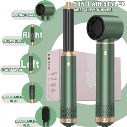 UKLISS 五合一专业热造型工具（热风梳+自动卷发棒）| 5个可拆卸替换头+3档可调温度控制 | 自动卷发，卷发/波浪/直发/柔顺 | 打造蓬松刘海，丰盈发根，告别毛躁 | 可定制层次/内卷 | 适用于所有发质 | 情人节理想礼物