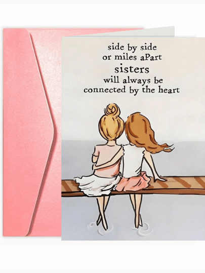 1 pieza Tarjeta de cumpleaños divertida, tarjetas y sobres engrosados, tarjeta de diseño innovador, hermanas siempre conectadas por el corazón ya sea lado a lado o a millas de distancia, regalos de broma para mejores amigas, hermanos, colegas y amigos